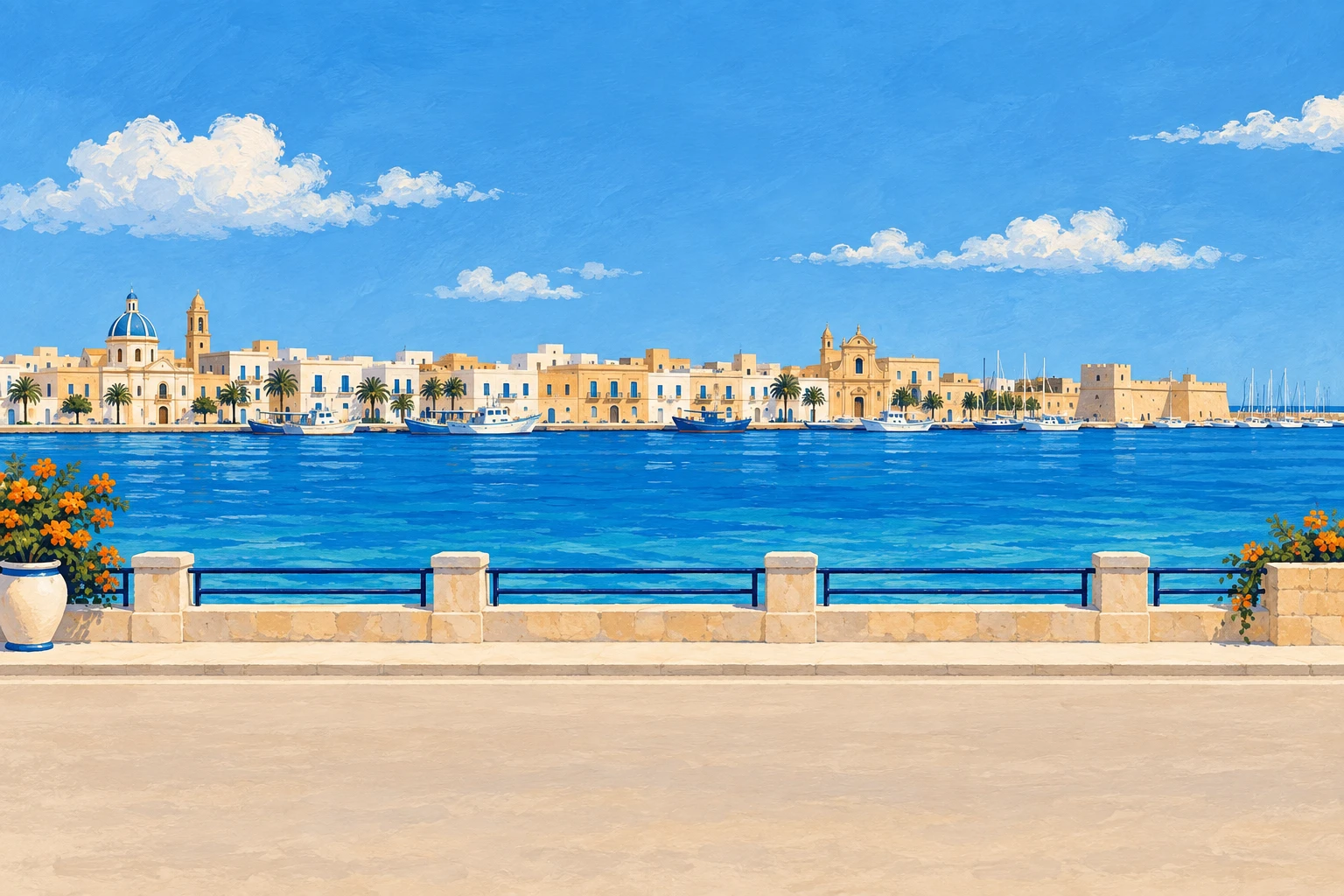 Illustrazione del mare e di una costa pianeggiante ispirata a Mazara del Vallo