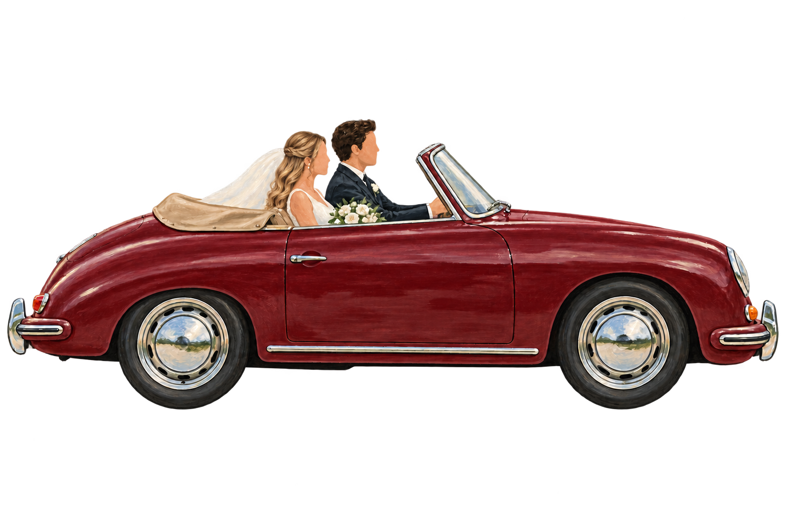 Porsche 356 bordeaux con gli sposi; la sposa ha capelli castano chiaro semiraccolti